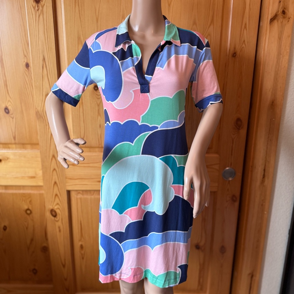 Tori Richard Polo Dress Tropical Size S Wave Print Beach Resort Hawaiian